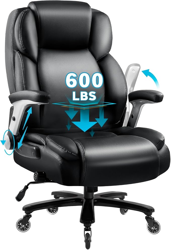 VITESSE Large Heavy Duty Office Chair 600lbs with Flip up Armrest, Big and Tall Chair with Ergonomic Lumbar Support, Leather Office Chair for Heavy People with Quiet Rubber Wheel (Black)
