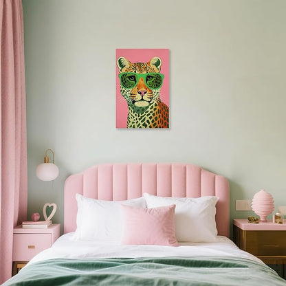 7CANVAS Preppy Wall Art Cheetah Picture Wall Decor Pink Leopard Print Animal with Sunglasses Chic Painting for Modern Home Girls Dorm 16x24Inch