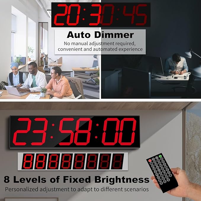 CHKOSDA 28.4''Large Digital Wall Clock,Automic Digital Clock with Alarm,Clendar and Termperature,Auto Time Sync with Easy Operation, Big Timer with Countdown and Countup (Red)