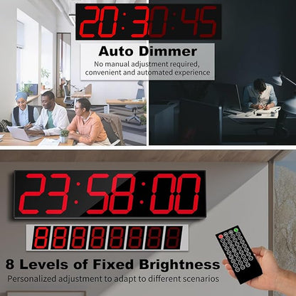 CHKOSDA 28.4''Large Digital Wall Clock,Automic Digital Clock with Alarm,Clendar and Termperature,Auto Time Sync with Easy Operation, Big Timer with Countdown and Countup (Red)