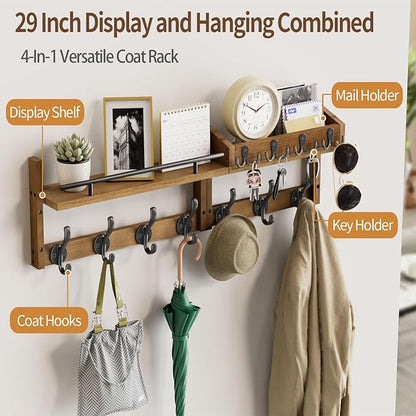 29 inch Coat Rack Wall Mount with Shelf, Set of 2 Heavy Duty Coat Hooks Wall Mount, Entryway Coat Hanger Wall Shelf with Key Holders and Mail Organizer for Living Room, Bedroom, Bathroom