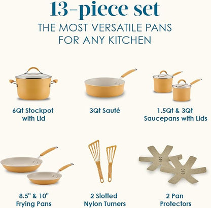 Rachael Ray Cucina Ceramic Cookware Set - 13 Pieces - Ceramic Pots and Pans Set w/Nonstick Frying Pans, Saute Pan, Saucepans, Stockpot, Lids, Pan Protectors - Turmeric