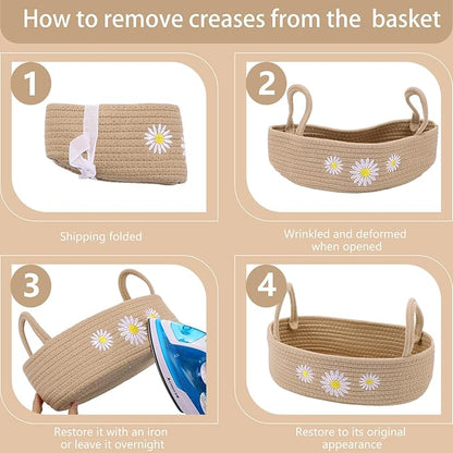 Vesici Daisy Toilet Paper Basket Boho Woven Cotton Rope Bathroom Countertop Organizer with Handle Beige Bathroom Storage Decor for Toilet Closet Bedroom Nursery Toys Organizing, 13 x 6 x 4 Inch