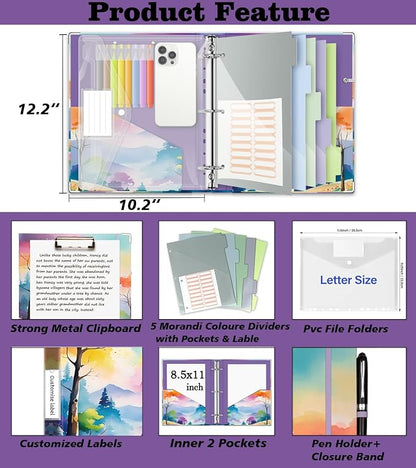 3 Ring 1 Inch Binder Organizer, BVSSX Three Ring Binders with Clipboard, 5-Tabs Pockets Dividers, Plastic Folder, 18 Divider Stikers,Pen Loop (Rainbow Trail, Letter Size)
