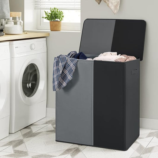 WOWLIVE Double Laundry Baseket with Lid and Removable Laundry Bags,154L Large Laundry Hamper 2 Section Collapsible Dirty Clothes Hamper for Laundry Room,College Dorm,Bathroom, Black and Grey