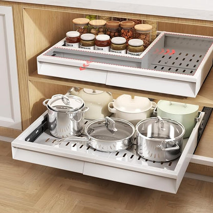 Seinloes Pull Out Cabinet Organizer, 4-Side Expandable to Fit Most Cabinets, 3 Rail Slide Out Drawers with Raising Pad for Framed & Frameless Cabinets, 13"-21" W x 13"-17" D, White, 2 Pack