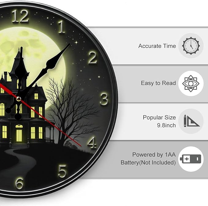 Wall Clock, Spooky Haunted House Non Ticking Wall Clocks Battery Operated, Black Wooden Wall Clocks for Living Room, Kitchen, Bedroom Decorative 10 Inch