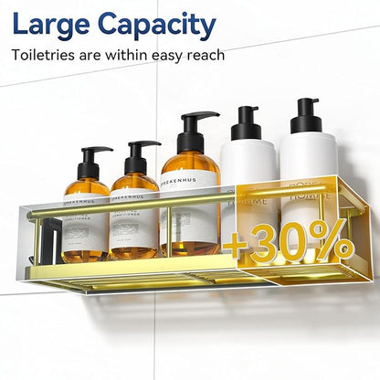 YASONIC Shower Caddy Adhesive, No Drill Bathroom Shower Organizers, with Removable Hooks and Soap Holder, Rust Proof Shower Shelves, Wall-Mounted Shower Holder, 3 Pack, Gold