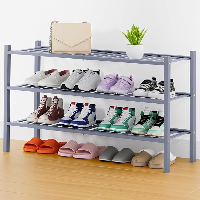 Smiry Long Bamboo Shoe Rack, 3 Tier Free Standing Wooden Shoe Organizer, Stackable Wood Shoe Storage Shelf for Closet, Entryway, 14 Vertical Slats, 2+1 Stack Heavy-Duty Legs, 33.7"x11"x19.5", Grey