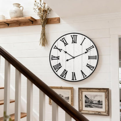 MODE HOME Large Rustic Wooden Wall Clock, 24 Inch Whitewashed Farmhouse Wall Clock with Carved Roman Numerals, Silent Battery Operated Round Vintage Clock for Living Room, Kitchen, Bedroom, Study Room