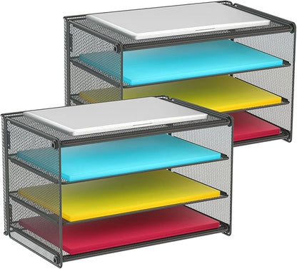 Samstar 2 Pack Paper Letter Tray, 3-Tier Desk File Organizer Paper Sorter Letter Shelf Rack, Mesh Made,Black