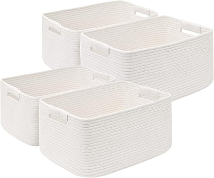 4 Pack Large Storage Basket for Organizing, 17.5"x13.5"x7.5" Woven Basket for Shelves, Closet Cube Storage Bins with Wrapped Handle, Cotton Rope Baskets for Kitchen, Clothes, Toys(Off White)