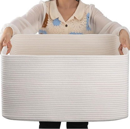 OIAHOMY 75L Large Blanket Basket, Woven Cotton Rope Baskets for Organizing, 22”x17”x12”, Blanket Basket living Room, Bedroom, Nursery, Dog Toy Storage Bins, White
