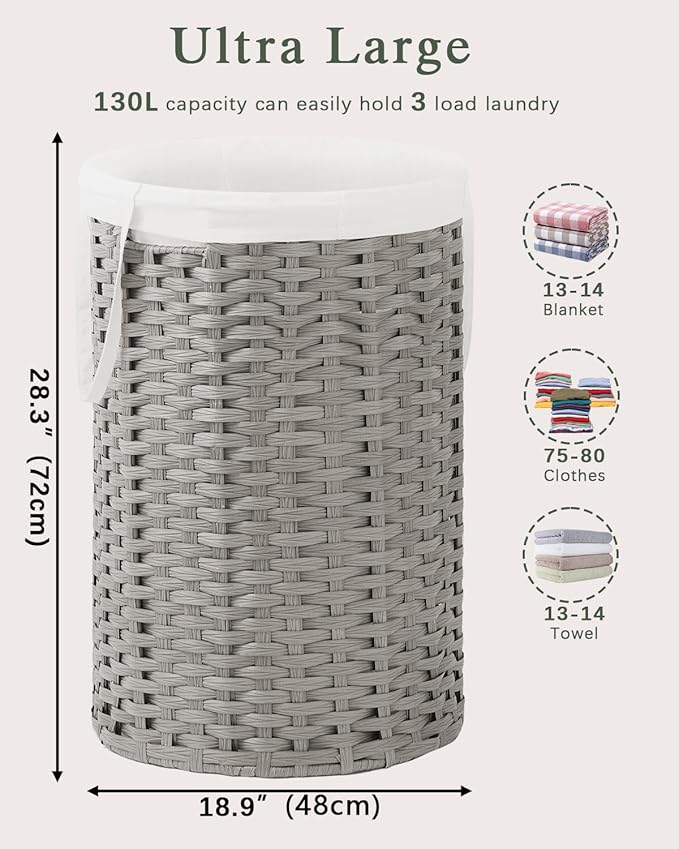SETVSON 34.3 Gal (130 L) Large Laundry Hamper Laundry Basket Round Handwoven Wicker Laundry Baskets Rattan Laundry Basket with Removable Bag Handles 2 Mesh Bags for Living Room Bedroom Gray (No Lid)