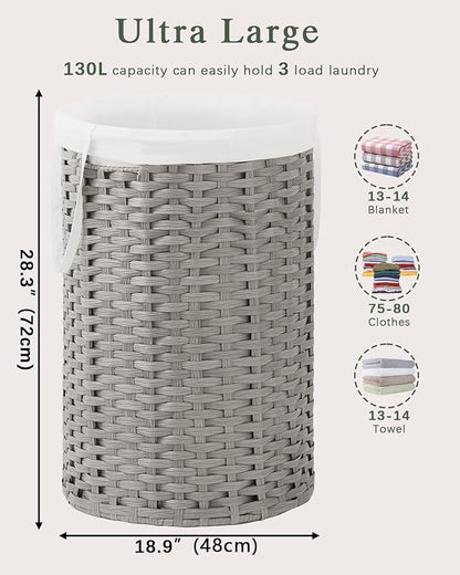 SETVSON 34.3 Gal (130 L) Large Laundry Hamper Laundry Basket Round Handwoven Wicker Laundry Baskets Rattan Laundry Basket with Removable Bag Handles 2 Mesh Bags for Living Room Bedroom Gray (No Lid)