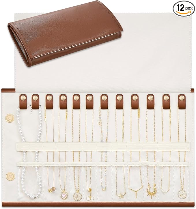 Lolalet Travel Necklace Organizer, Tangle-Free Necklace Case for Travel, Foldable Roll Up Jewelry Storage Bag for Necklaces Chains Bracelets, Caramel, 12 Slots Holder