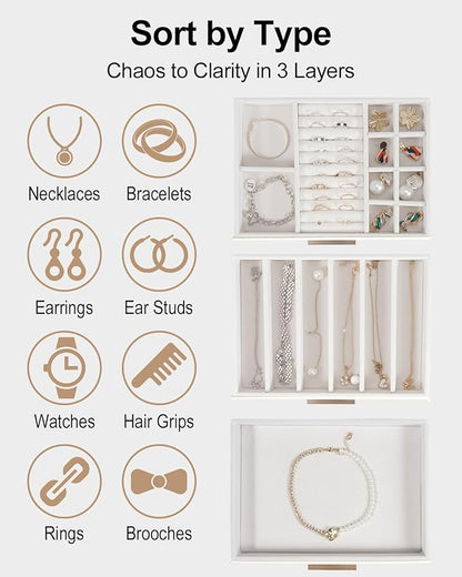 GUOER Jewelry Box for Women, Glass Lid Jewelry Organizer with 3 Drawers PU Jewelry Storage Case for Necklaces Rings Earrings Bracelets (Pink)
