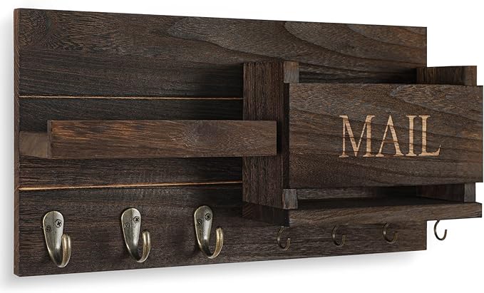 Mail Organizer for Wall Mount – Key Holder with Shelf Includes Letter Holder and Hooks for Hallway Farmhouse Decor – Rustic Wood with Flush Mounting Hardware (16.5” x 9.1” x 3.4”) (Brown)