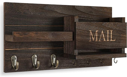 Mail Organizer for Wall Mount – Key Holder with Shelf Includes Letter Holder and Hooks for Hallway Farmhouse Decor – Rustic Wood with Flush Mounting Hardware (16.5” x 9.1” x 3.4”) (Brown)