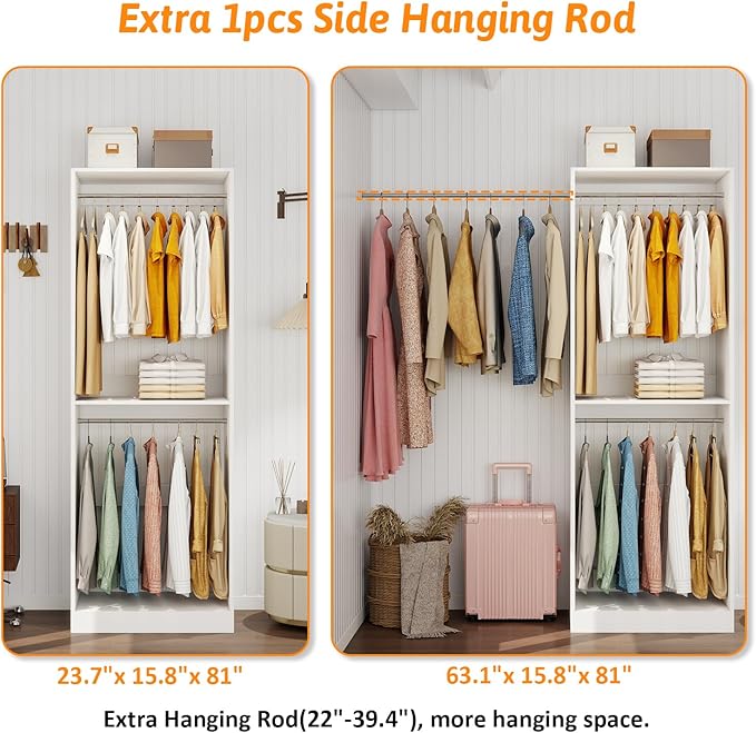 Closet System with 12 Hanging Rods& Shelf , 8FT Small Closet Organizer System Wood with Extra Side Hanging Rod for Walk in Closet Storage, Modular Closet Systems, White(8FT)