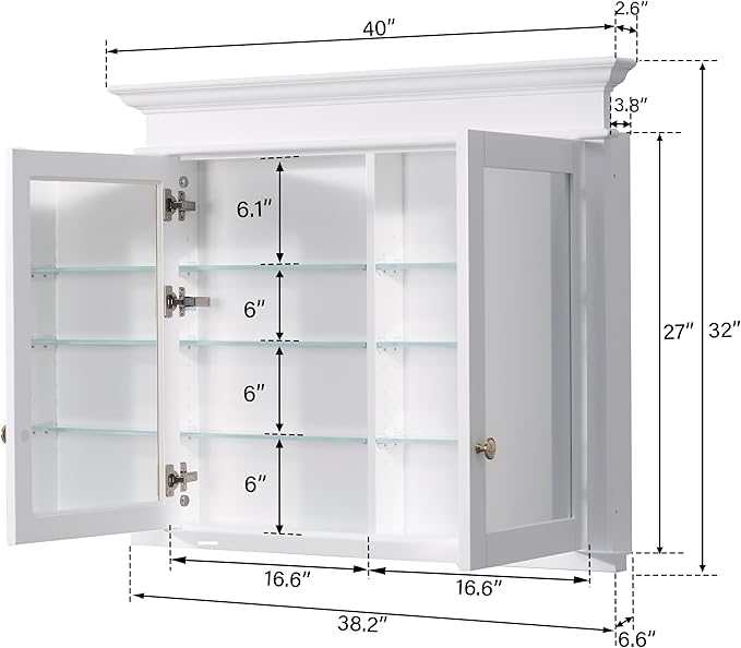 WELLFOR40 x 32" Bathroom Medicine Cabinet with 3-Tier Adjustable Shelves, Recessed Solid Wood Medicine Cabinet with Mirrors, Wood Miiror Cabinet with 2 Soft-Close Door and Open/Built-in 6 Shelves