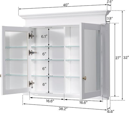 WELLFOR40 x 32" Bathroom Medicine Cabinet with 3-Tier Adjustable Shelves, Recessed Solid Wood Medicine Cabinet with Mirrors, Wood Miiror Cabinet with 2 Soft-Close Door and Open/Built-in 6 Shelves
