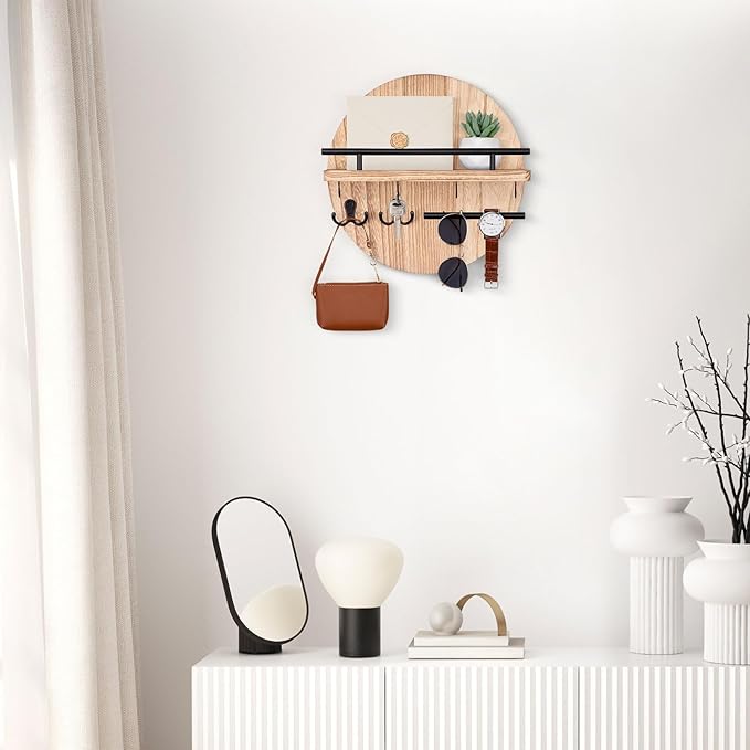Nekon Key Holder Wall Mount, 11.8 Inch Key Rack with Shelf and 6 Key Hooks, Rustic Key and Mail Organizer, Circular Wooden Key Hanger for Entryway Hallway Kitchen (Wood)