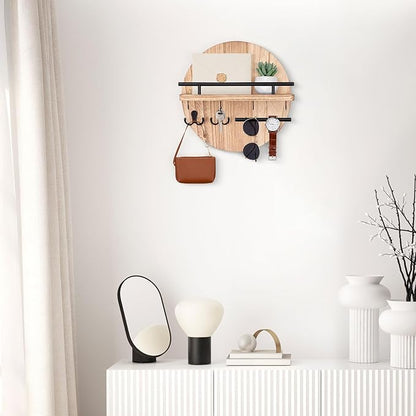 Nekon Key Holder Wall Mount, 11.8 Inch Key Rack with Shelf and 6 Key Hooks, Rustic Key and Mail Organizer, Circular Wooden Key Hanger for Entryway Hallway Kitchen (Wood)