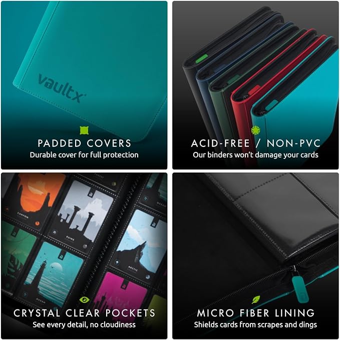 Vault X 4 Pocket Zip Binder, 160 Cards, Exo-Tec Material, 20 Side-Loading Pages (Teal)