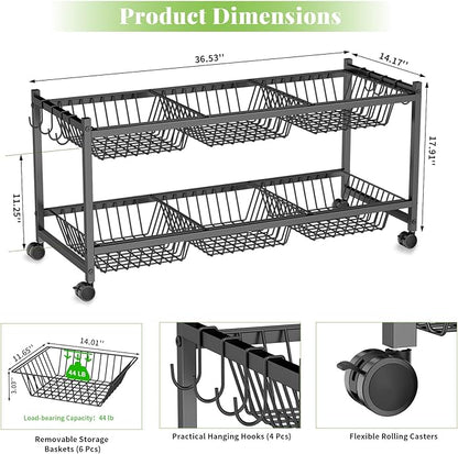 2-Tier Rolling Pantry Cart on Wheels with 6 Removable Baskets, Sturdy Pantry Floor Organizer and Storage, Kitchen Storage Cart for Fruit Vegetables, Snack Organizer for Pantry Kitchen Living Room