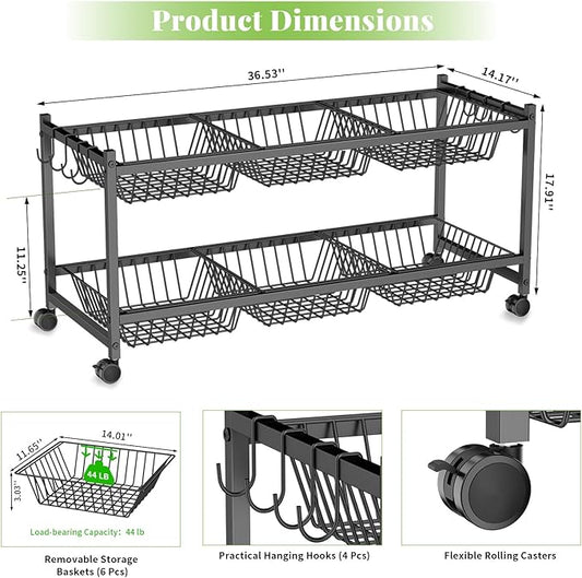 2-Tier Rolling Pantry Cart on Wheels with 6 Removable Baskets, Sturdy Pantry Floor Organizer and Storage, Kitchen Storage Cart for Fruit Vegetables, Snack Organizer for Pantry Kitchen Living Room