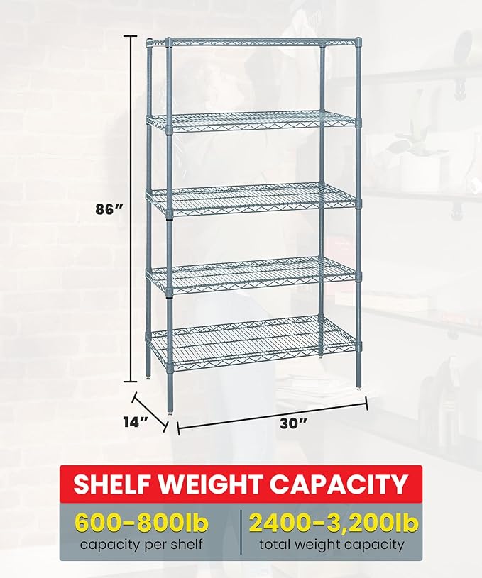 Quantum Storage Systems WR86-1430GY-5 Wire Shelving 5 Shelf Starter Units, 14" x 30" x 86", Gray Epoxy