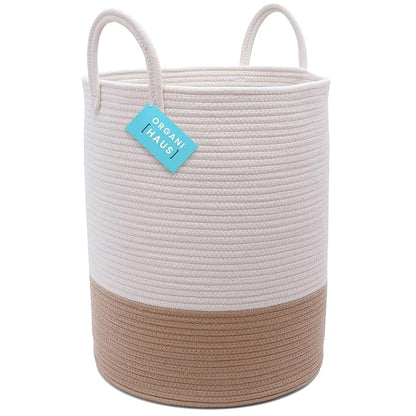 OrganiHaus Large Woven Laundry Basket w/Handles 52L, Rope Dirty Clothes Hamper, Blanket Basket for Living Room, Baby Laundry Hamper for Nursery, Soft Decorative Organizer Bin - Honey/Off-White