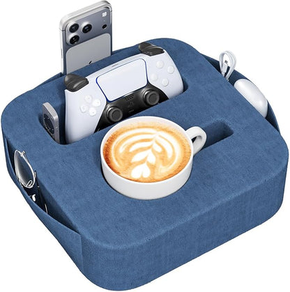 Couch Cup Holder Pillow, Couch Caddy for Drink, Snack, Phone, Remote, Game Controller, Removable and Washable Cup Cozy Pillow, Small Sofa Cup Holder Tray for Bed, Car, Desk, Sofa, Blue