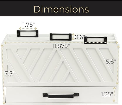 BLU MONACO White Desktop Mail Organizer with Drawer | Three-Tier Wooden Mail Holder with Gold Label Holders | Countertop Document and Bill Organizer for Home or Office