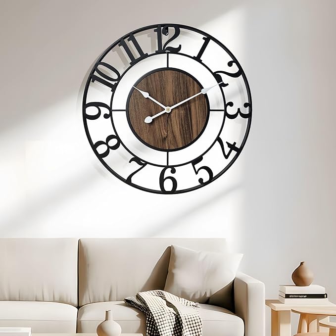 Tixmtry Large Metal Wall Clock, 24 Inch Retro Decorative Silent, Non Ticking, Battery Operated Modern Big Wood Wall Clock for Living Room, Farmhouse, Bedroom, Fireplace, Kitchen, Office, Home Decor