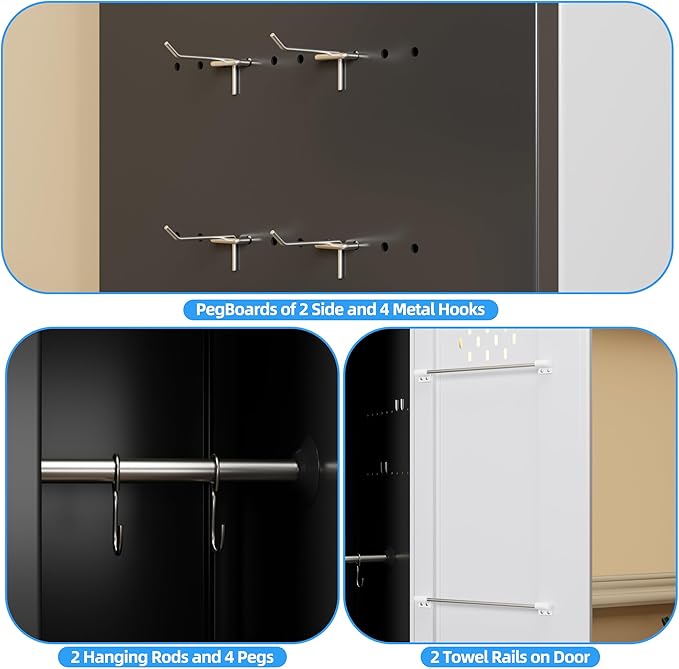 72" H Broom Closet Storage Cabinet, Metal Garage Storage Cabinet with Wheels, Pegboard, Locking Door and Hooks for Garage, Home, Utility Cleaning Cabinet for Broom and Mops, Black and White
