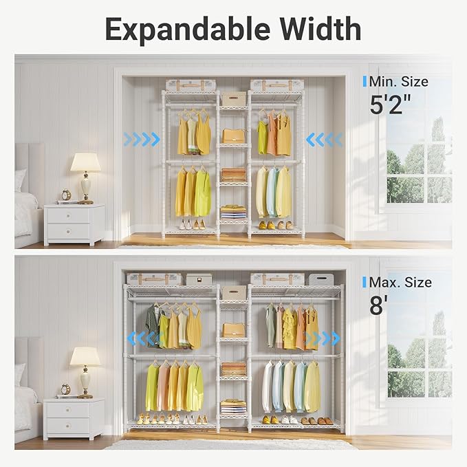 VIPEK X3 Expandable Heavy Duty Clothes Rack Adjustable from 5'2" to 8' with Flexible Shelves and Hanger Rods, Large Freestanding Clothing Racks for Hanging Clothes, Max Load 1210LBS, White
