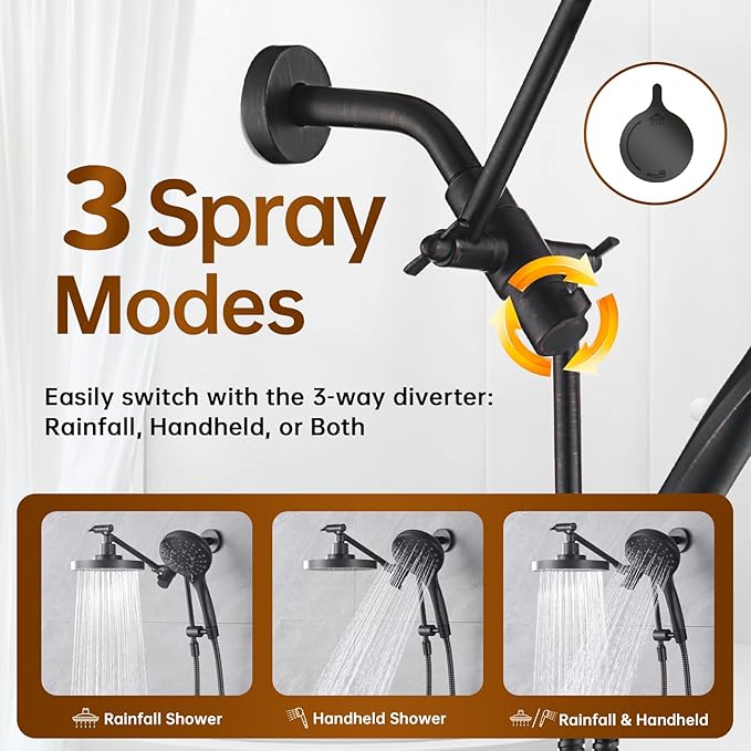 BRIGHT SHOWERS Rain Shower Head with Handheld Spray Built-in Power Wash, High Pressure Dual Shower Head with Height Adjustable Extension Arm, 3-Way Diverter, 9 Settings Handheld, 69” Long Hose, ORB