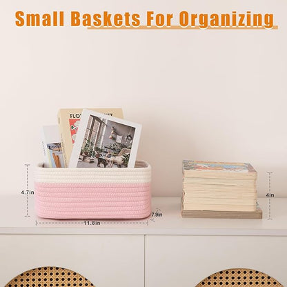OIAHOMY 4 Pack Storage Baskets for Organizing, Small Bins for Shelves, Cute Decorative Storage Bins, Organizer Baskets for Gifts Empty, 11.8''Lx7.8''Wx4.7''H, Pink/White