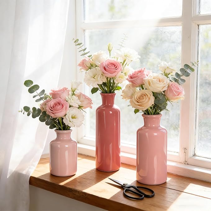 5 Pcs Rustic Country Tabletop Centerpieces Decor Set of 3 Boho Ceramic Vases with Wooden Serving Tray Wood Bead Garland Tassels Table Holder for Home Decorations (Pink)