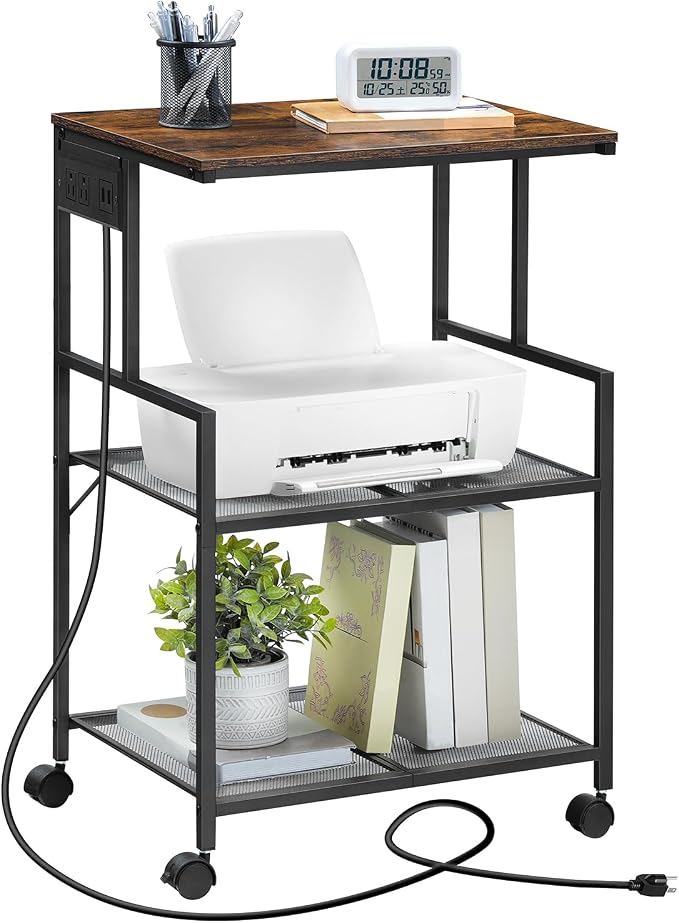 MAHANCRIS Mobile Printer Stand, 3-Tier Industrial Printer Cart with Power Outlets and 2 USB Ports, Rolling Printer Table on Wheels for Home Offices Kitchen Organization Rack, Rustic Brown PTHR78E01