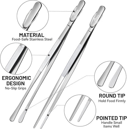 HOTEC Kitchen Tweezers Tongs Stainless Steel Professional Chef Tweezers, Set of 2-12inch Extra-Long Food Tongs for Cooking,Grill and Baking
