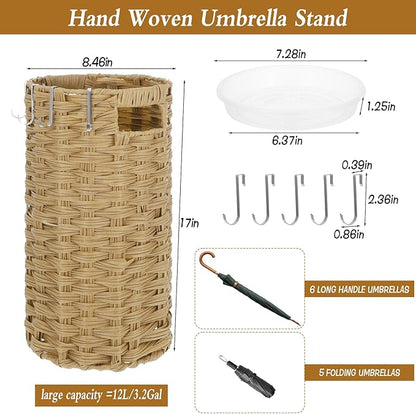 Rattan Umbrella Stand for Entryway, Hand Woven Umbrella Holder Organizer with Detachable Drip Tray and 5 Stainless Steel Hooks, Freestanding Umbrella Rack for Home & Office, 8.6" L x 8.6" W x 17" H