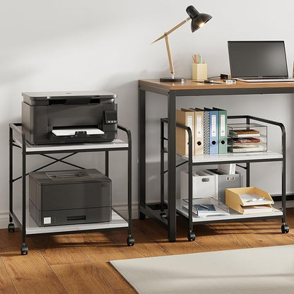 Warmiehomy 2 Tier Printer Stand with Storage, 22 Inches(55cm x 50cm) Under Desk Rolling Printer Cart with Height Adjustable Shelf, Large Printer Table for Home Office, White