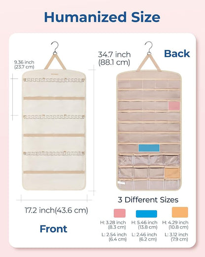 BAGSMART Hanging Jewelry Organizer, Necklace Holder Anti-tangle Earrings Rings Hanger with Pockets Hang on Closet, Wall, Door,1 Piece, Extra Large Beige