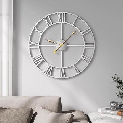 Cuspin 20 Inch Wall Clock Large Silver Decorative Clocks, Modern Metal Round Wall Clock Battery-Operated Roman Numerals for Living Room Bedroom, Kitchen, Office Decor