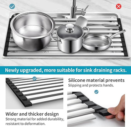 23.6" x 12.8" Roll-Up Dish Drying Rack Over Sink - Kitchen Sink Cover and Organizer Gadget with Foldable Stainless Steel Drainer and Sink Mat, Silver Dish Rack - Large
