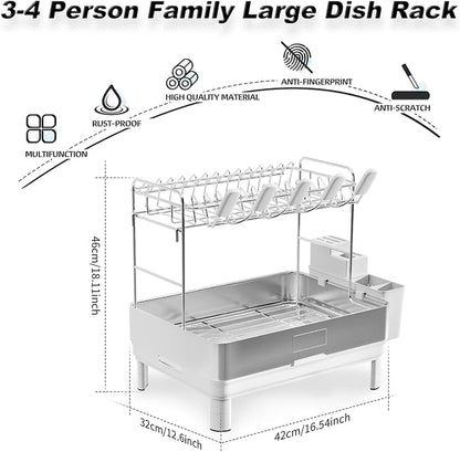 Ewaiira Dish Drying Rack, 2 Tier Large Dish Rack, Stainless Steel Dish Drainer for Kitchen Counter, Dishes Rack with Automatic Drainage, Utensil Holder&Cups Holder,Space Saving Kitchen Organizer,White