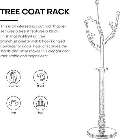 Bekrvio Coat Rack Freestanding Coat Tree with Sturdy Round Base, Unique Coat Hanger Stand, Heavy Duty Standing Coat Rack Clothes Stand for Winter Jacket, Hat, Entryway/Hallway/Bedroom, Black